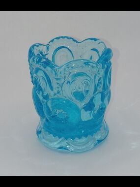 Blue L E Smith Pressed Glass Toothpick Holder with Moon and Stars Pattern